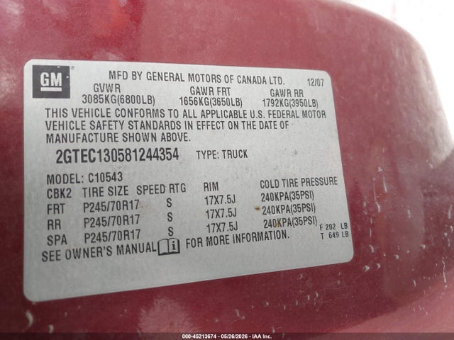 45213674 :رقم المزاد ، 2GTEC130581244354 vin ، 2008 Gmc Sierra 1500 Sle1 مزاد بيع