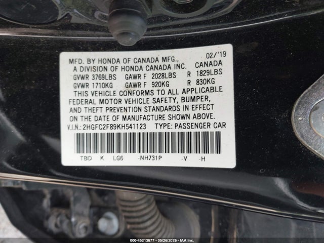 Продаж на аукціоні авто 2019 Honda Civic Sport, vin: 2HGFC2F89KH541123, номер лоту: 45213677