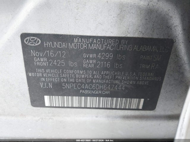 2013 Hyundai Sonata Limited მანქანა იყიდება აუქციონზე, vin: 5NPEC4AC6DH647444, აუქციონის ნომერი: 45213685