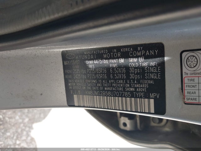 2008 Hyundai Tucson Gls მანქანა იყიდება აუქციონზე, vin: KM8JM12B58U707785, აუქციონის ნომერი: 45213713
