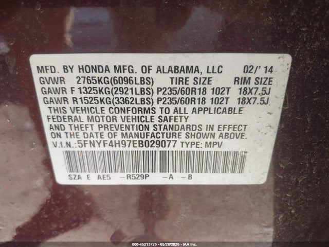 Honda Pilot Touring 2014 5FNYF4H97EB029077 Image 9