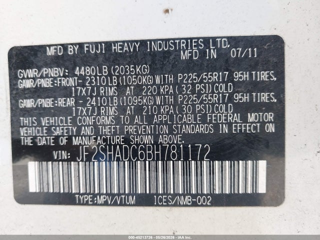 45213726 :رقم المزاد ، JF2SHADC6BH781172 vin ، 2011 Subaru Forester 2.5x Premium مزاد بيع