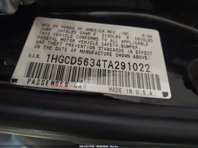 45213758 :رقم المزاد ، 1HGCD5634TA291022 vin ، 1996 Honda Accord Lx/ex مزاد بيع