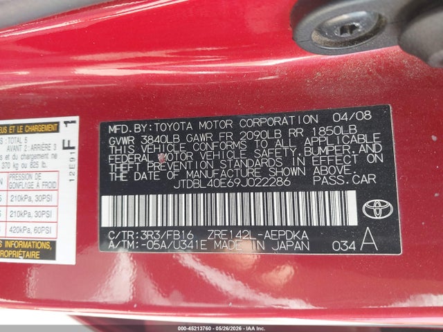 Продаж на аукціоні авто 2009 Toyota Corolla Le, vin: JTDBL40E69J022286, номер лоту: 45213760