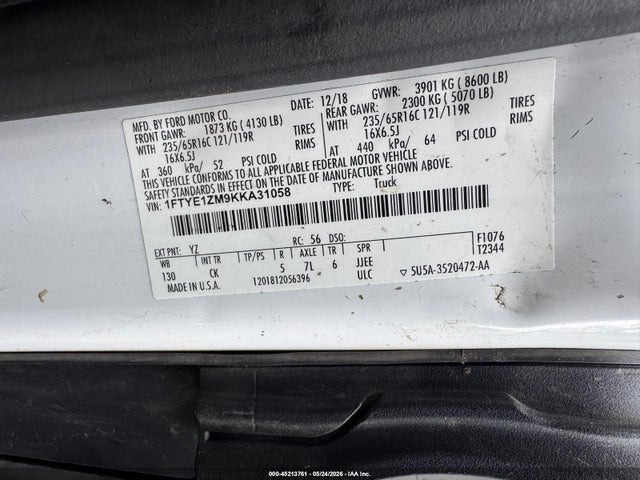 Auction sale of the 2019 Ford Transit-150, vin: 1FTYE1ZM9KKA31058, lot number: 45213761