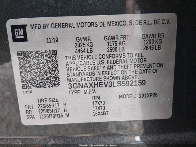Продаж на аукціоні авто 2020 Chevrolet Equinox Fwd Ls, vin: 3GNAXHEV3LS592159, номер лоту: 45213768