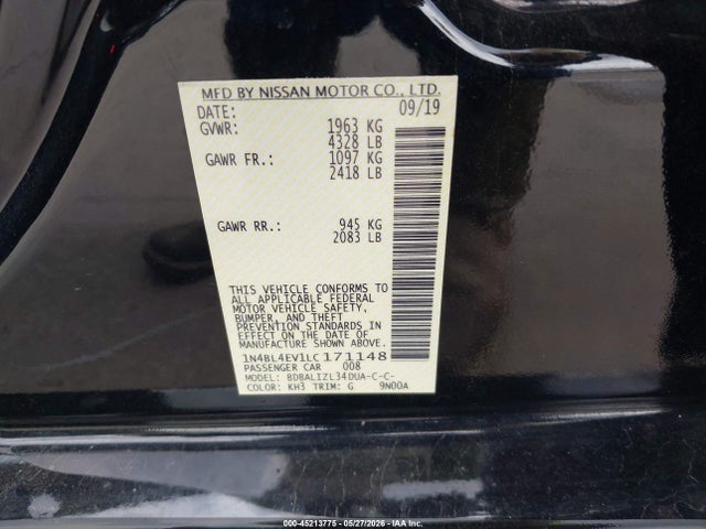 Aukcja sprzedaży 2020 Nissan Altima Sl Fwd, vin: 1N4BL4EV1LC171148, numer aukcji: 45213775