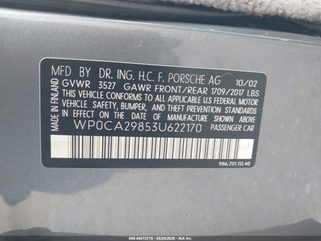 Aukcja sprzedaży 2003 Porsche Boxster, vin: WP0CA29853U622170, numer aukcji: 45213776