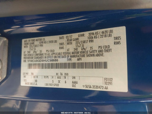 2017 Ford Escape Se მანქანა იყიდება აუქციონზე, vin: 1FMCU0GD9HUC98686, აუქციონის ნომერი: 45213778