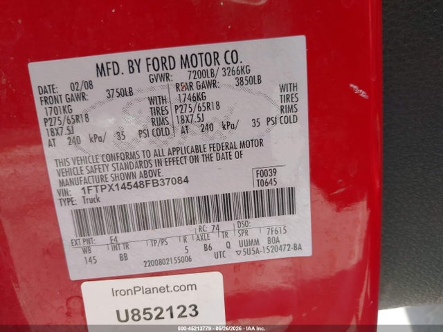 Продаж на аукціоні авто 2008 Ford F-150 Fx4/lariat/xl/xlt, vin: 1FTPX14548FB37084, номер лоту: 45213779