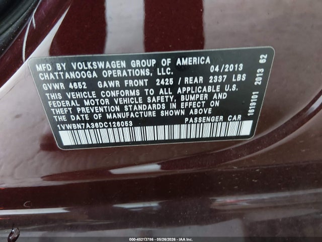 2013 Volkswagen Passat 2.0l Tdi Se მანქანა იყიდება აუქციონზე, vin: 1VWBN7A36DC126053, აუქციონის ნომერი: 45213786