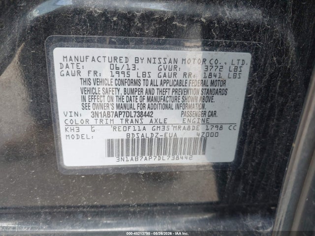Auction sale of the 2013 Nissan Sentra Sv, vin: 3N1AB7AP7DL738442, lot number: 45213795