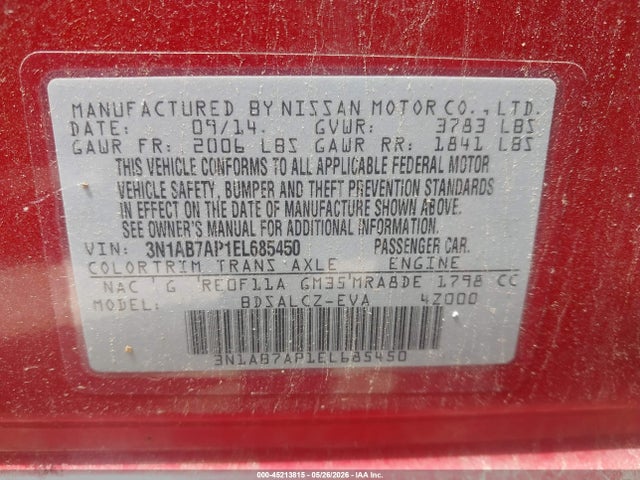 Продаж на аукціоні авто 2014 Nissan Sentra S, vin: 3N1AB7AP1EL685450, номер лоту: 45213815