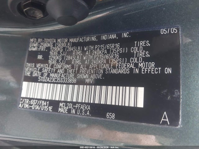 Aukcja sprzedaży 2005 Toyota Sienna Le, vin: 5TDZA23C35S333898, numer aukcji: 45213816