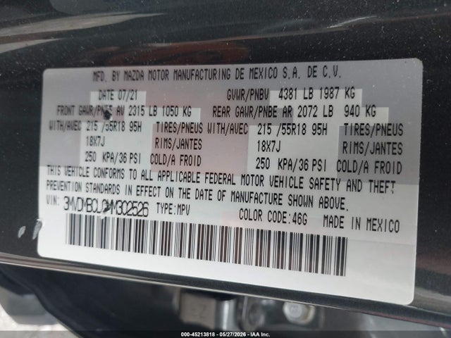 Продаж на аукціоні авто 2021 Mazda Cx-30 Preferred, vin: 3MVDMBCL0MM302526, номер лоту: 45213818