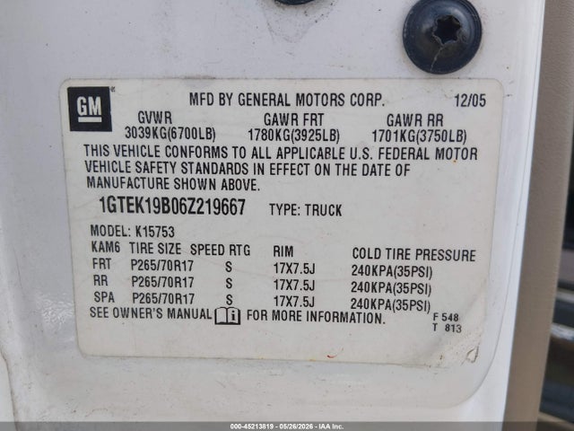 45213819 :رقم المزاد ، 1GTEK19B06Z219667 vin ، 2006 Gmc Sierra 1500 Slt مزاد بيع