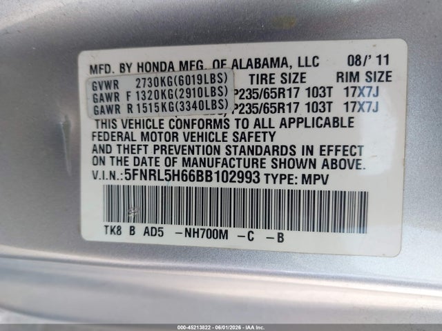 45213822 :رقم المزاد ، 5FNRL5H66BB102993 vin ، 2011 Honda Odyssey Ex-l مزاد بيع
