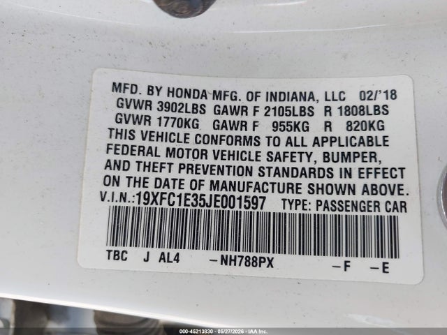 Продаж на аукціоні авто 2018 Honda Civic Ex-t, vin: 19XFC1E35JE001597, номер лоту: 45213830