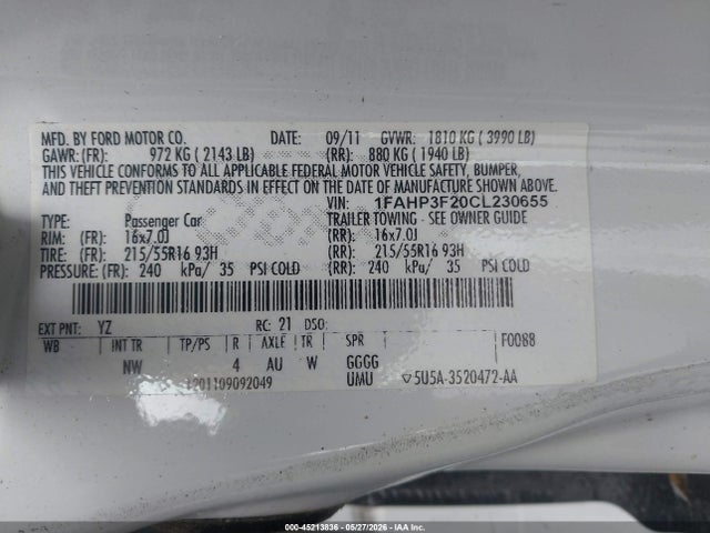 Aukcja sprzedaży 2012 Ford Focus Se, vin: 1FAHP3F20CL230655, numer aukcji: 45213836
