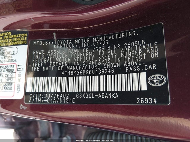 2006 Toyota Avalon Xl მანქანა იყიდება აუქციონზე, vin: 4T1BK36B96U139246, აუქციონის ნომერი: 45213838