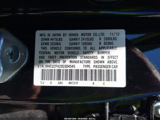2013 Acura Tsx 2.4 მანქანა იყიდება აუქციონზე, vin: JH4CU2F42DC004545, აუქციონის ნომერი: 45213846