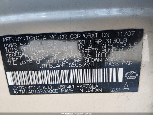 Продаж на аукціоні авто 2008 Lexus Ls 460, vin: JTHBL46F185063561, номер лоту: 45213858