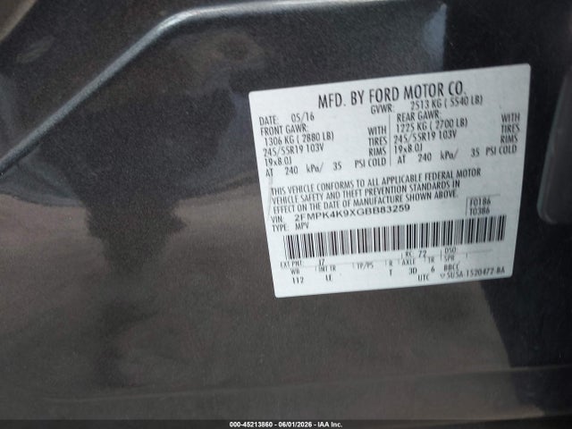 Продажа на аукционе авто 2016 Ford Edge Titanium, vin: 2FMPK4K9XGBB83259, номер лота: 45213860