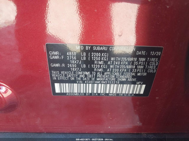 45213871 :رقم المزاد ، 4S4BTAMC8M3153218 vin ، 2021 Subaru Outback Limited مزاد بيع