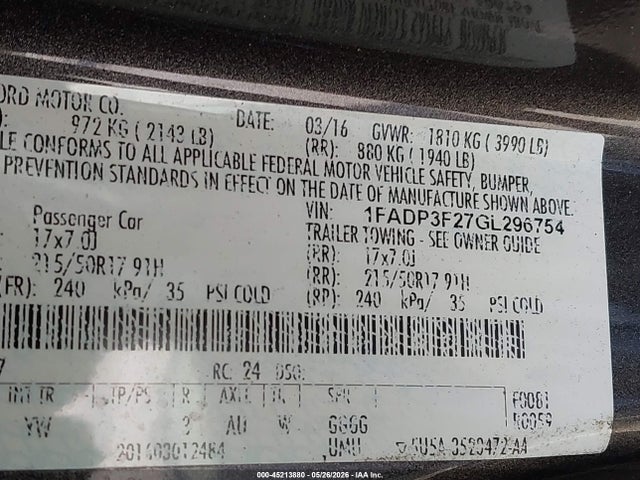 45213880 :رقم المزاد ، 1FADP3F27GL296754 vin ، 2016 Ford Focus Se مزاد بيع