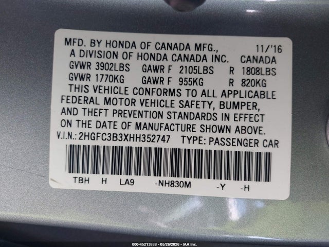 Aukcja sprzedaży 2017 Honda Civic Ex-t, vin: 2HGFC3B3XHH352747, numer aukcji: 45213888