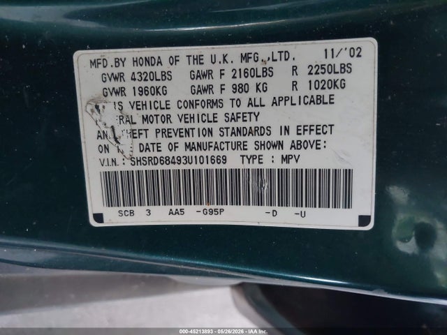 Aukcja sprzedaży 2003 Honda Cr-v Lx, vin: SHSRD68493U101669, numer aukcji: 45213893