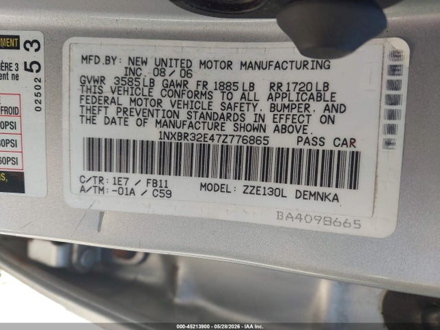 Aukcja sprzedaży 2007 Toyota Corolla Le, vin: 1NXBR32E47Z776865, numer aukcji: 45213900