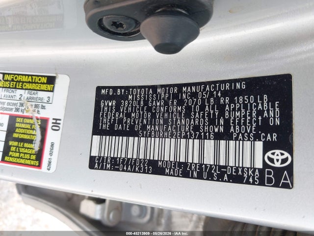 2014 Toyota Corolla S Plus მანქანა იყიდება აუქციონზე, vin: 5YFBURHE2EP137116, აუქციონის ნომერი: 45213909