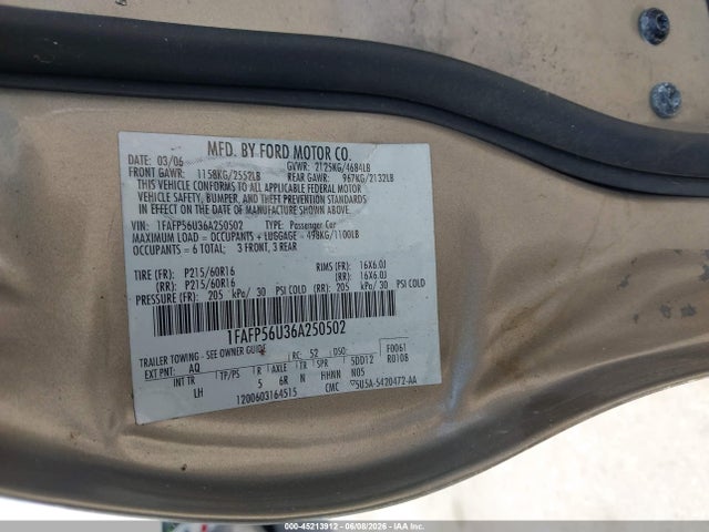 Aukcja sprzedaży 2006 Ford Taurus Sel, vin: 1FAFP56U36A250502, numer aukcji: 45213912