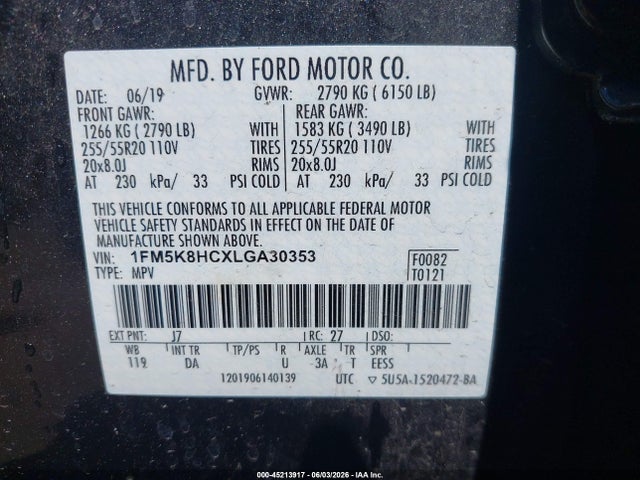 Aukcja sprzedaży 2020 Ford Explorer Platinum, vin: 1FM5K8HCXLGA30353, numer aukcji: 45213917