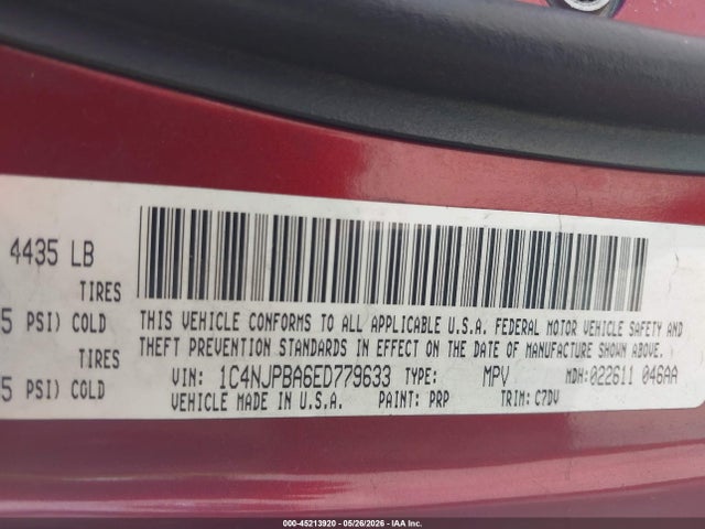 2014 Jeep Patriot Sport მანქანა იყიდება აუქციონზე, vin: 1C4NJPBA6ED779633, აუქციონის ნომერი: 45213920