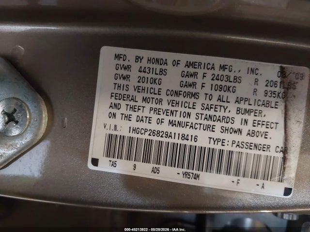 Продаж на аукціоні авто 2009 Honda Accord 2.4 Ex-l, vin: 1HGCP26829A118416, номер лоту: 45213922