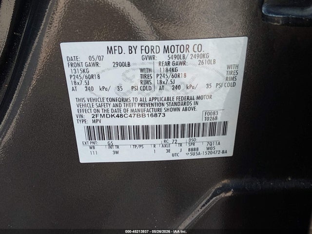 2007 Ford Edge Sel მანქანა იყიდება აუქციონზე, vin: 2FMDK48C47BB16873, აუქციონის ნომერი: 45213937
