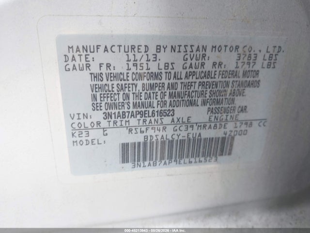 45213943 :رقم المزاد ، 3N1AB7AP9EL616523 vin ، 2014 Nissan Sentra S مزاد بيع