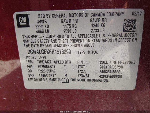 2017 Chevrolet Equinox Lt მანქანა იყიდება აუქციონზე, vin: 2GNALCEK6H1576299, აუქციონის ნომერი: 45213944
