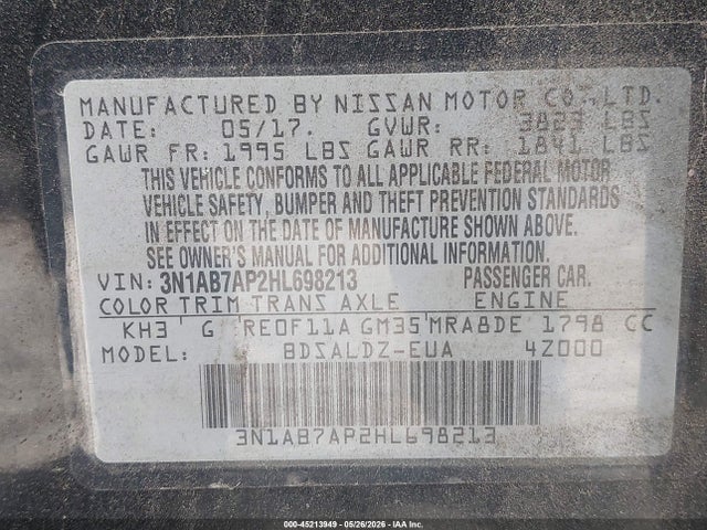 Продажа на аукционе авто 2017 Nissan Sentra Sv, vin: 3N1AB7AP2HL698213, номер лота: 45213949