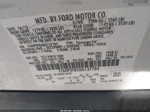 2013 Ford Taurus Limited მანქანა იყიდება აუქციონზე, vin: 1FAHP2F85DG137784, აუქციონის ნომერი: 45213955