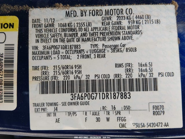 45213963 :رقم المزاد ، 3FA6P0G71DR187883 vin ، 2013 Ford Fusion S مزاد بيع
