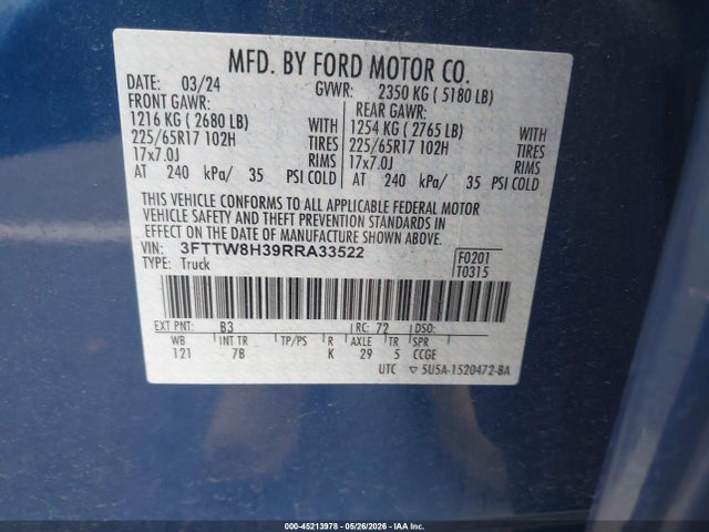 2024 Ford Maverick Xlt მანქანა იყიდება აუქციონზე, vin: 3FTTW8H39RRA33522, აუქციონის ნომერი: 45213978