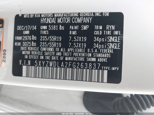 Продаж на аукціоні авто 2015 Hyundai Santa Fe Sport 2.0l Turbo, vin: 5XYZWDLA2FG263837, номер лоту: 45213984
