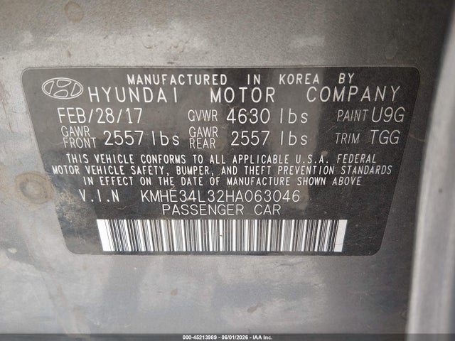 Aukcja sprzedaży 2017 Hyundai Sonata Hybrid Limited, vin: KMHE34L32HA063046, numer aukcji: 45213989