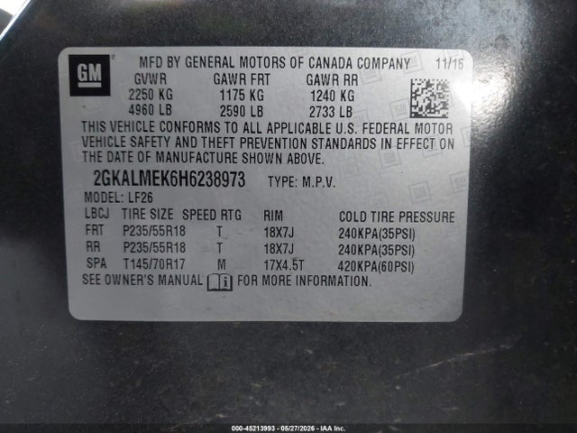 2017 Gmc Terrain Sle-1 მანქანა იყიდება აუქციონზე, vin: 2GKALMEK6H6238973, აუქციონის ნომერი: 45213993