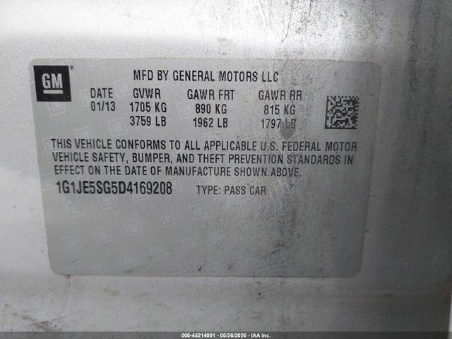2013 Chevrolet Sonic Ltz Auto მანქანა იყიდება აუქციონზე, vin: 1G1JE5SG5D4169208, აუქციონის ნომერი: 45214001