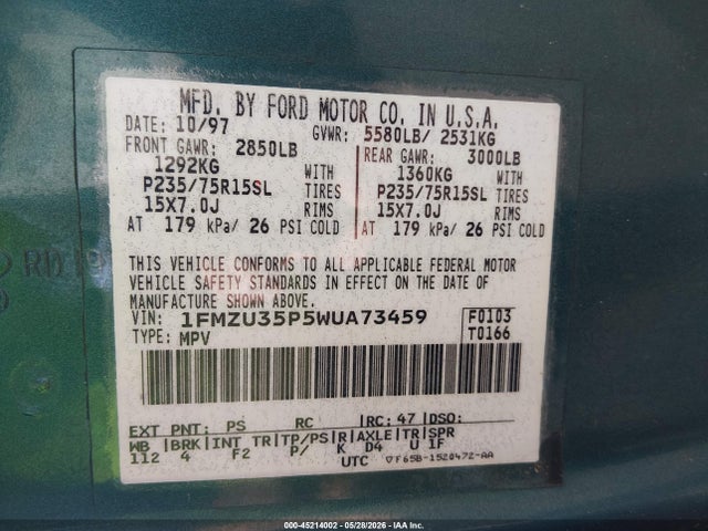 Aukcja sprzedaży 1998 Ford Explorer Eddie Bauer/limited/xlt, vin: 1FMZU35P5WUA73459, numer aukcji: 45214002