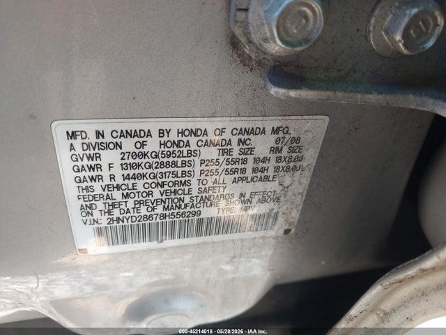 2008 Acura Mdx Technology Package მანქანა იყიდება აუქციონზე, vin: 2HNYD28678H556299, აუქციონის ნომერი: 45214018